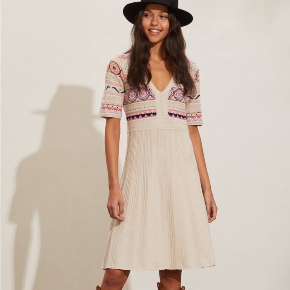 NWT Odd Molly Long Tuva Dress Sz 3 - Large Elegant Cream Patterned Dress